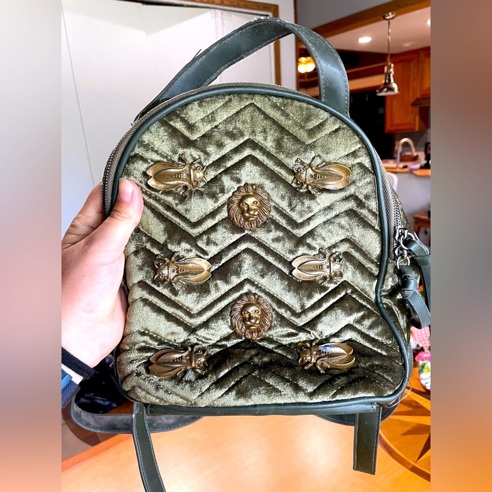 3AM Velvet Forever Mini Backpack Purse Green with Gold Accents
